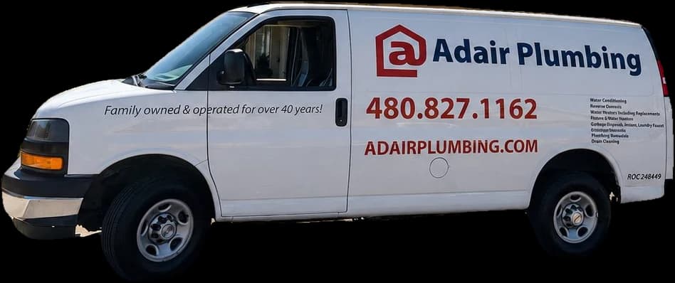 Adair Plumbing service van, lettered with the phone number and the services Doug offers